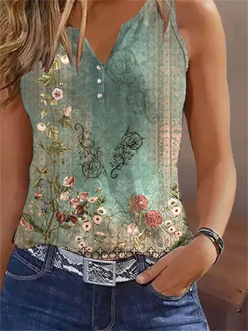 Women's Tank Top Floral Casual Holiday Button Print White Short Sleeve Basic V Neck