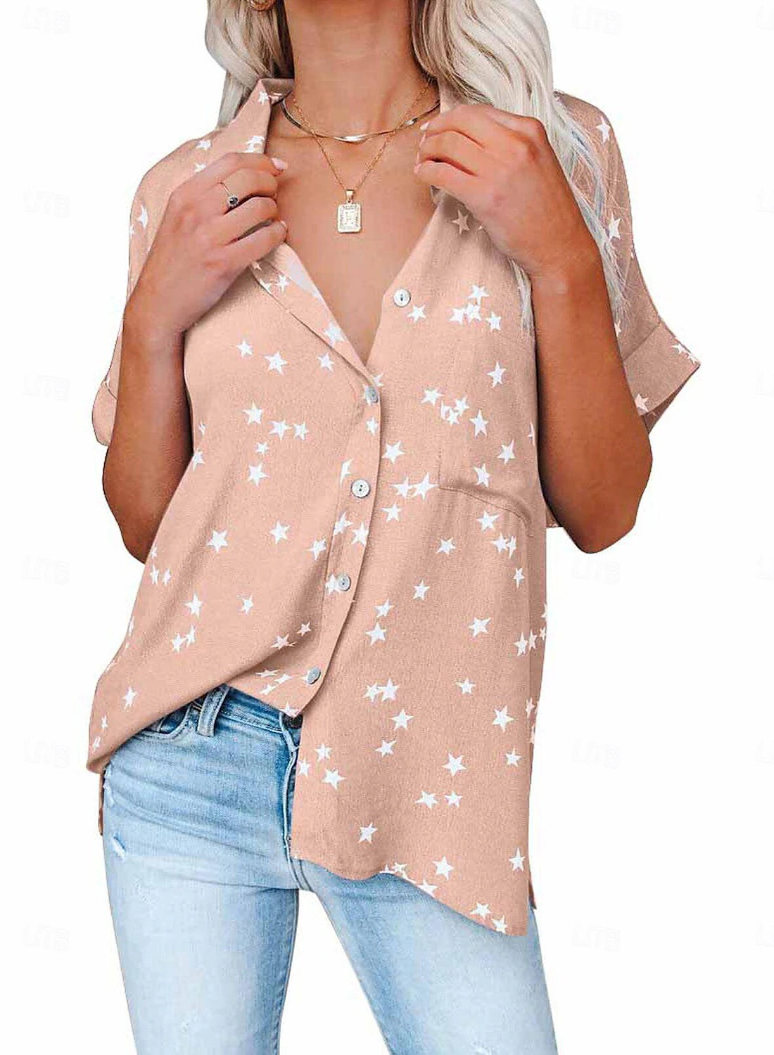 Women's Shirt Blouse Star Daily Vacation Button Print Pink Short Sleeve Casual Shirt Collar Spring & Summer