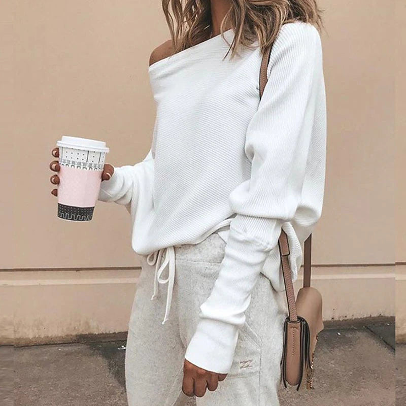 Women's Pullover Sweater jumper Jumper Knit Knitted Solid Color Boat Neck Basic Stylish Outdoor Home Winter Fall Gray White S M L / Long Sleeve / Casual / Going out / Loose Fit