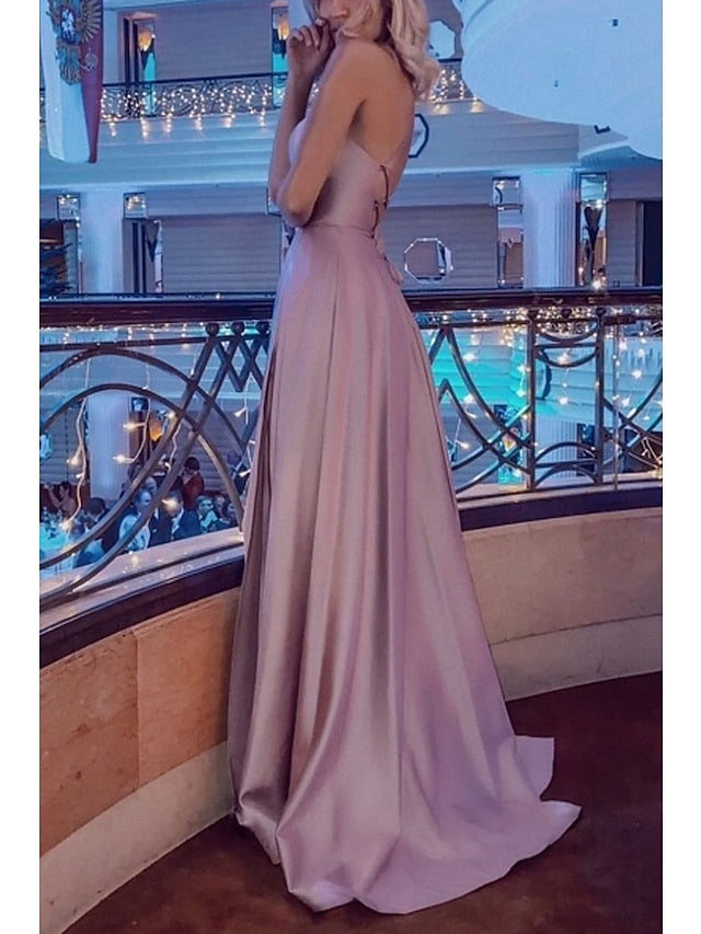 A-Line Prom Dresses Sexy Dress Formal Sweep / Brush Train Sleeveless Strapless Stretch Satin Backless with Pleats Slit 2023 - LuckyFash™