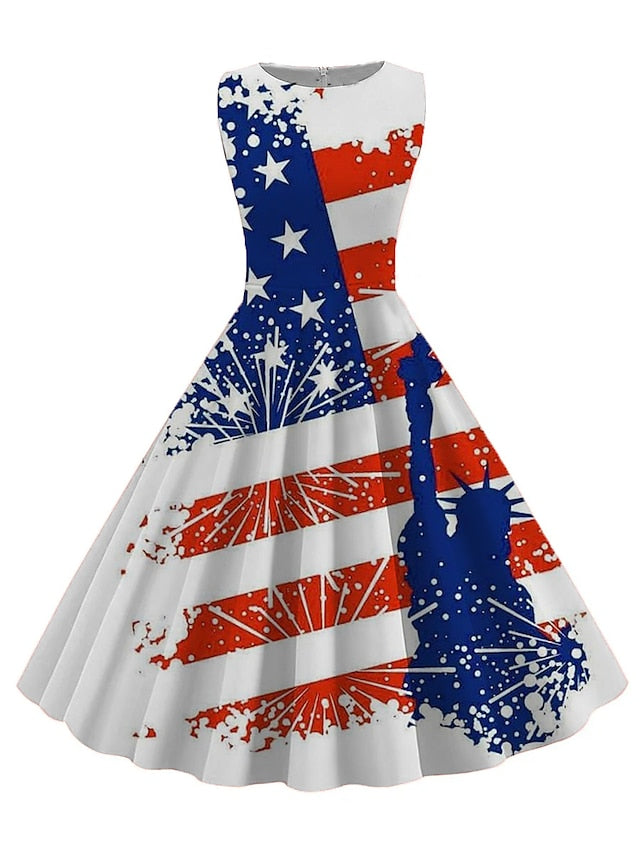 Women's Retro 1950s Vintage Tea Dresses Midi Dress Daily Date Ruched Print American Flag Crew Neck Sleeveless Slim Summer Spring 2023 Black White S M L XL