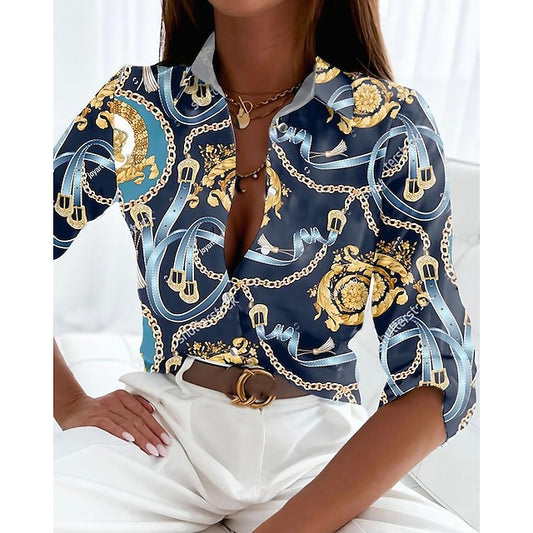 Women's Shirt Blouse Chains Print Daily Weekend Button Print Black Long Sleeve Vintage Streetwear Casual Shirt Collar Spring Fall