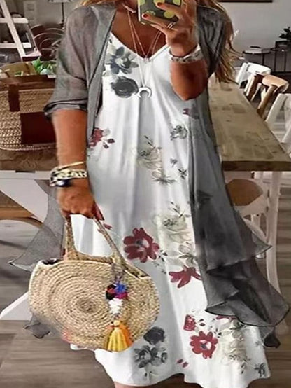 Women‘s Plus Size Curve Two Piece Dress Floral V Neck Print Long Sleeve Fall Spring Casual Maxi long Dress Casual Daily Dress