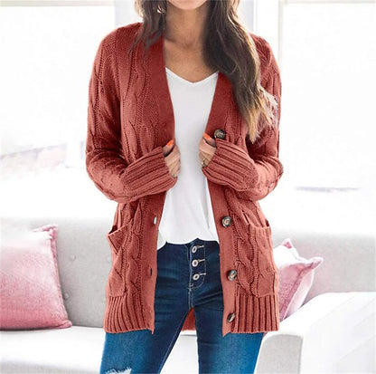 Women's Cardigan Sweater Open Front Cable Chunky Knit Button Pocket Fall Winter Tunic Daily Casual Soft Long Sleeve Solid Color Dark powder Black White S M L