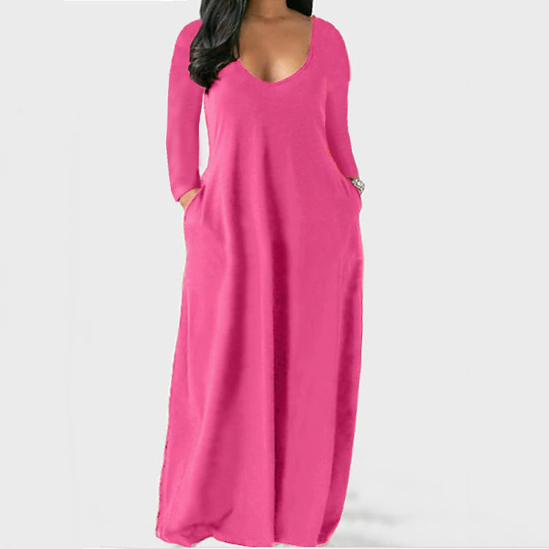 Women‘s Plus Size Curve Shift Dress Solid Color Boat Neck Long Sleeve Spring Fall Basic Casual Maxi long Dress Daily Vacation Dress