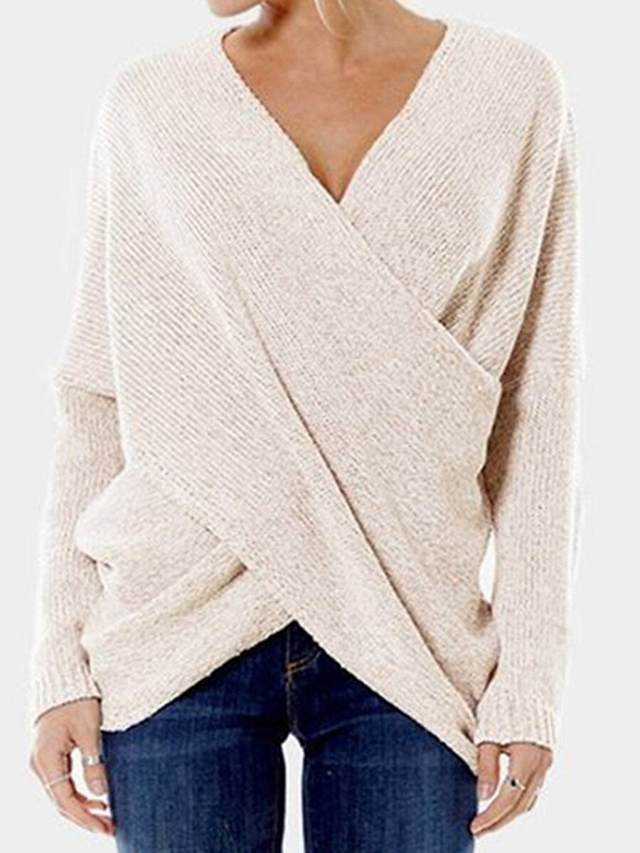 Women's Pullover Sweater Jumper V Neck Ribbed Knit Cotton Blend Criss Cross Fall Winter Regular Outdoor Daily Going out Stylish Casual Soft Long Sleeve Solid Color Khaki Gray S M L