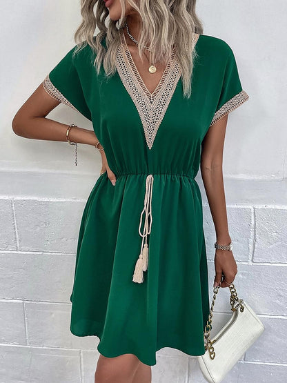 Women's White Dress Casual Dress A Line Dress Mini Dress Patchwork Drawstring Vacation Streetwear Casual V Neck Short Sleeve White Blue Dark Green Color