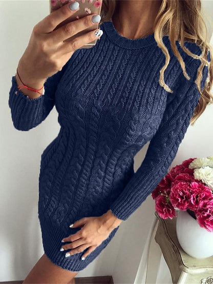 Women's Sweater Dress Crew Neck Cable Knit Cotton Acrylic Hollow Out Fall Winter Outdoor Sport Going out Stylish Casual Soft Long Sleeve Solid Color Silver Light Blue claret S M L