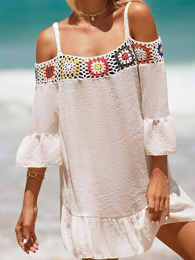 Women's Summer Dress Cover Up Ruffle Cut Out Beach Wear Holiday Long Sleeve Black White Yellow Color