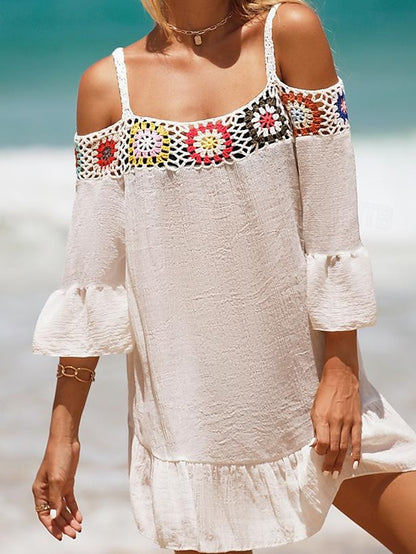 Women's Summer Dress Ruffle Cut Out Beach Wear Holiday Long Sleeve Black White Yellow Color