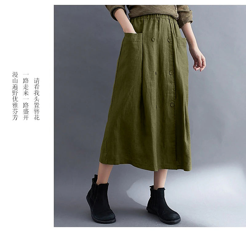 Women's Skirt A Line Long Skirt Linen Skirts Midi Skirts Pocket Split Ends Solid Colored Street Daily Spring & Summer Cotton Linen coastal grandma style Basic Casual Long Black Brown Green Apricot