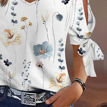 Women's Shirt Blouse Floral Daily Vacation Cut Out Print White Short Sleeve Casual V Neck Summer