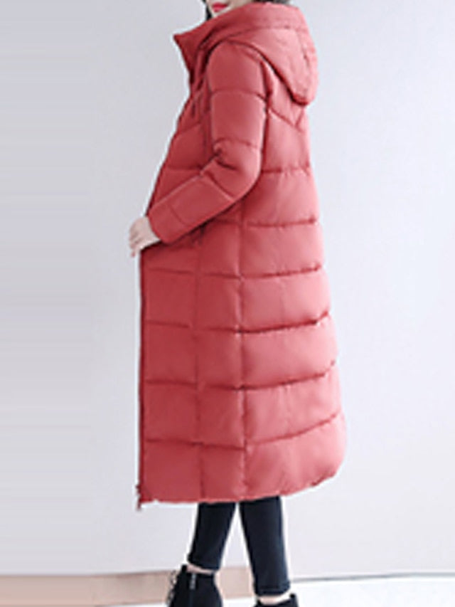 Women's Puffer Jacket Hoodie Jacket Street Daily Valentine's Day Winter Fall Long Coat Regular Fit Warm Breathable Casual Jacket Long Sleeve Solid Color Full Zip Black Dusty Rose Khaki / Going out - LuckyFash™