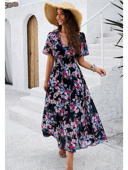 Women's Sundress Floral Graphic Elastic Waist Print V Neck Cold Shoulder Long Dress Maxi Dress Elegant Tropical Party Date Short Sleeve Summer Spring