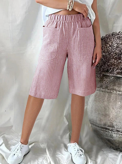 Women's Shorts Linen Cotton Blend Striped Black Yellow Casual Daily Knee Length Going out Weekend Summer