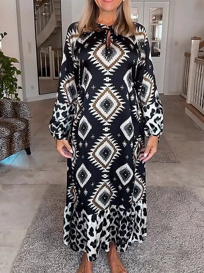 Women's Winter Dress Color Block Print Crew Neck Long Dress Maxi Dress Daily Vacation Long Sleeve Fall Winter