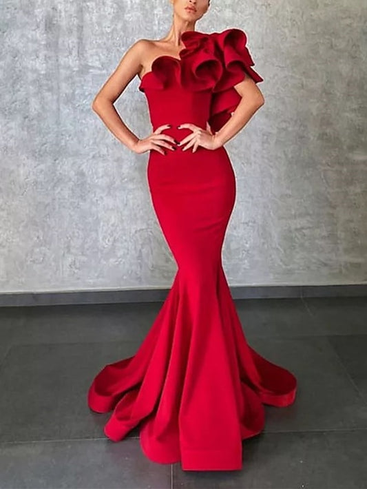 Mermaid / Trumpet Party Dresses Sexy Dress Party Wear Sweep / Brush Train Sleeveless One Shoulder Charmeuse with Ruffles 2023 - LuckyFash™