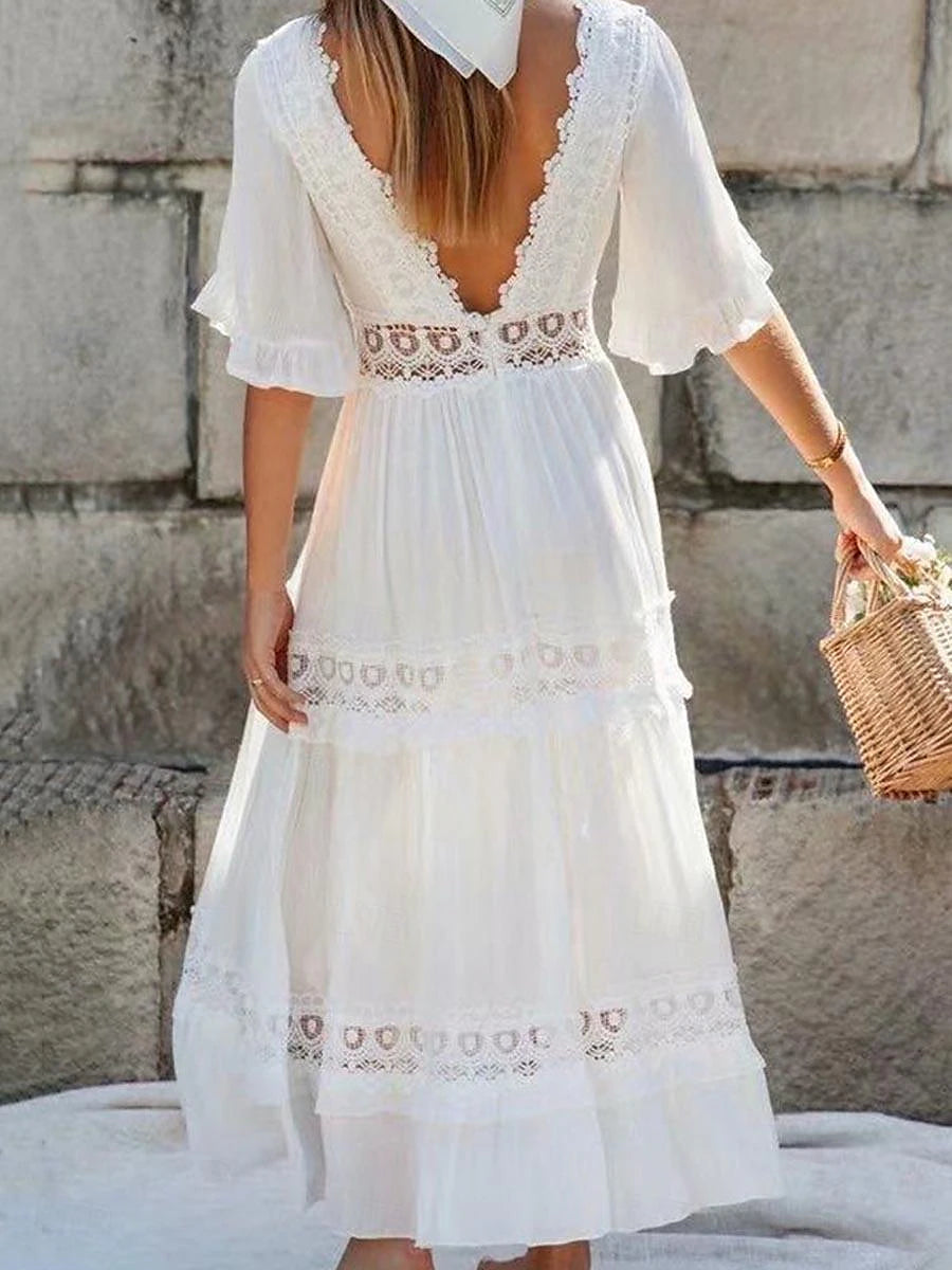 Women's Summer Dress Boho Wedding Guest Dress White Lace Wedding Dress Maxi Dress with Sleeve Vacation Elegant V Neck Half Sleeve White Color