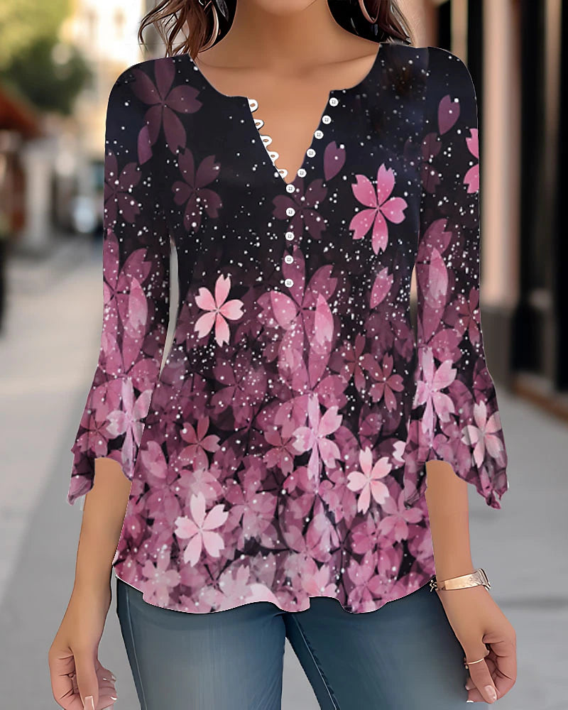 Women's Shirt Blouse Floral Casual Holiday Button Print White 3/4 Length Sleeve Fashion Round Neck Spring &  Fall