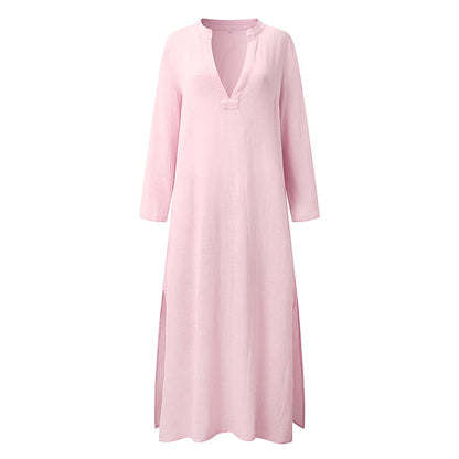 Women's Tunic Dress Maxi long Dress Cotton Linen Daily Notched Neck Long Sleeve Spring Light Pink Green