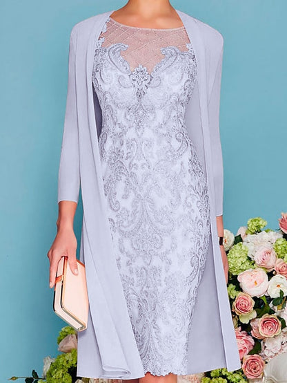 Two Piece Sheath / Column Mother of the Bride Dress Formal Church Elegant Jewel Neck Knee Length Chiffon Lace 3/4 Length Sleeve Wrap Included Jacket Dresses with Beading Appliques 2023 - LuckyFash™