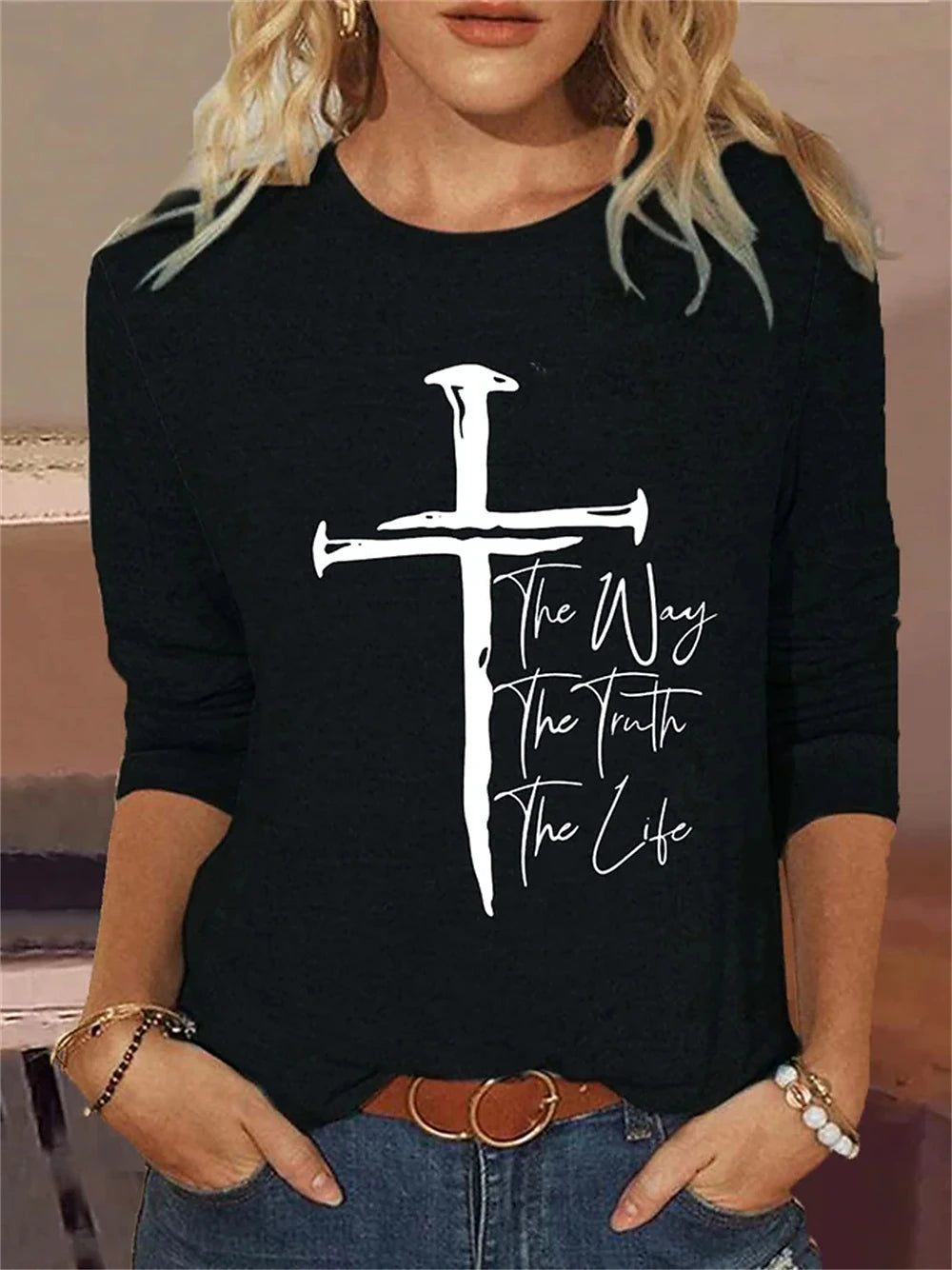 Women's T shirt Tee Graphic Letter Daily Weekend Print Black Long Sleeve Daily Basic Round Neck Fall & Winter