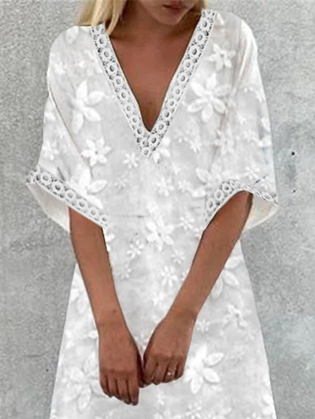 Women's Casual Dress Cotton Linen Dress Swing Dress Maxi long Dress Cotton Blend Fashion Modern Outdoor Daily Deep V Lace Patchwork Half Sleeve Summer Spring Fall 2023 Loose Fit White Floral Plain S - LuckyFash™