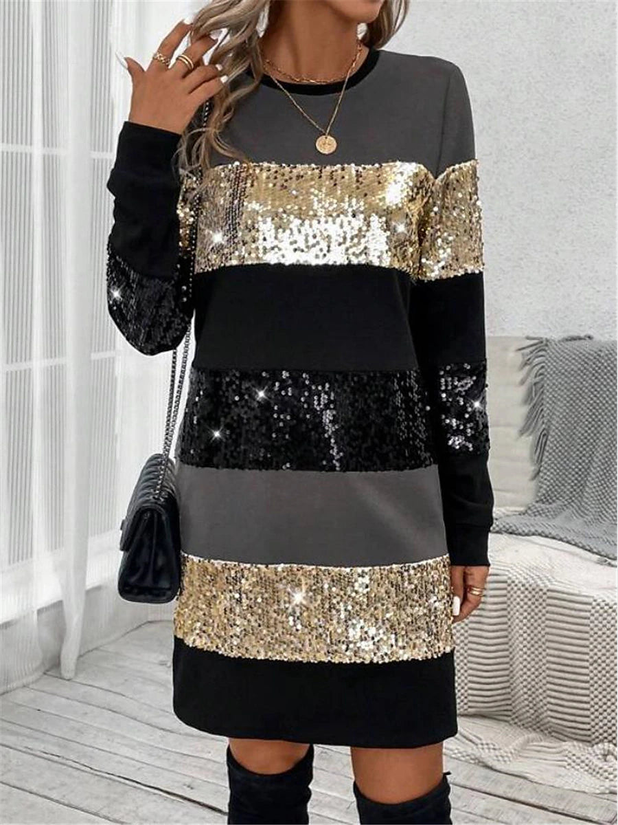 Women's Sequin Dress Party Dress Cocktail Dress Sequins Patchwork Crew Neck Long Sleeve Striped Mini Dress Vacation Formal Pink Gold Spring Winter