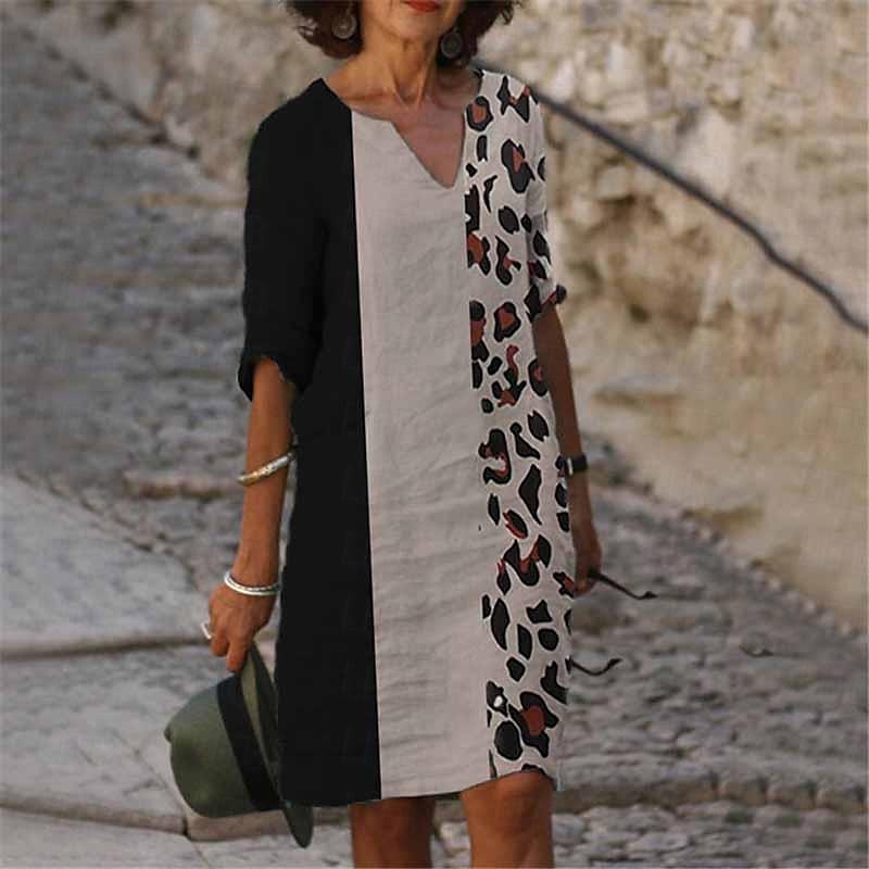 Women‘s Casual Dress Ethnic Dress Shift Dress Midi Dress Leopard Black White Half Sleeve Floral Print Summer Spring V Neck Basic Daily Vacation Weekend 2023 S M L XL XXL 3XL