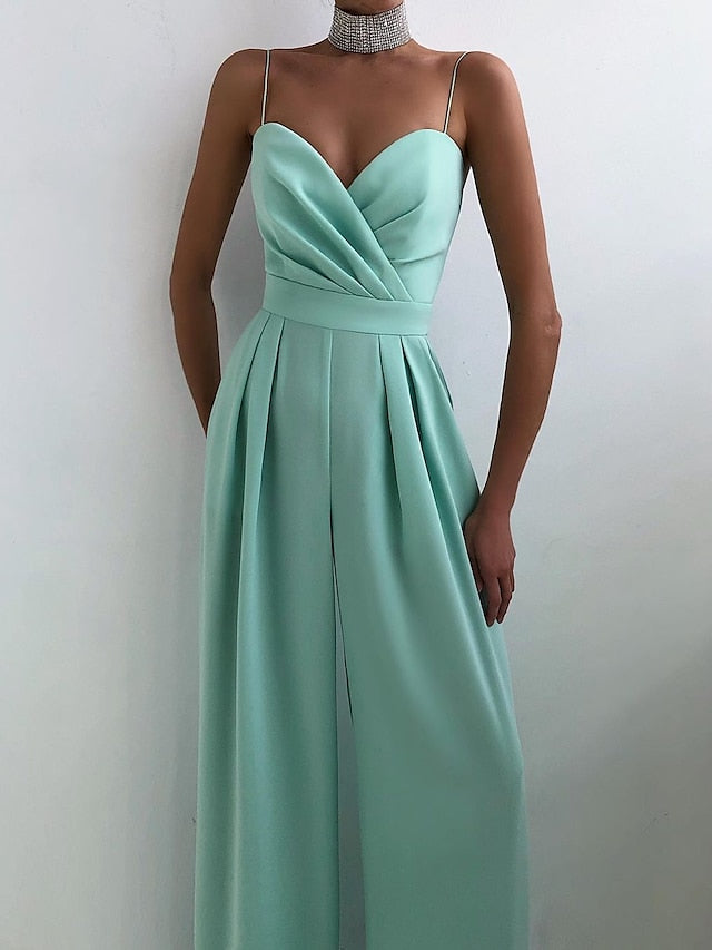 Women's Summer V Neck Spaghetti Straps  Elegant Wedding Party Jumpsuit High Waist Wide Leg Pleated Long Pants Casual Rompers with Pockets - LuckyFash™