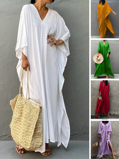 Women's White Dress Cover Up Beach Wear Maxi long Dress Split Basic Casual Plain V Neck 3/4 Length Sleeve Loose Fit Outdoor Daily White Yellow 2023 Summer Spring One Size