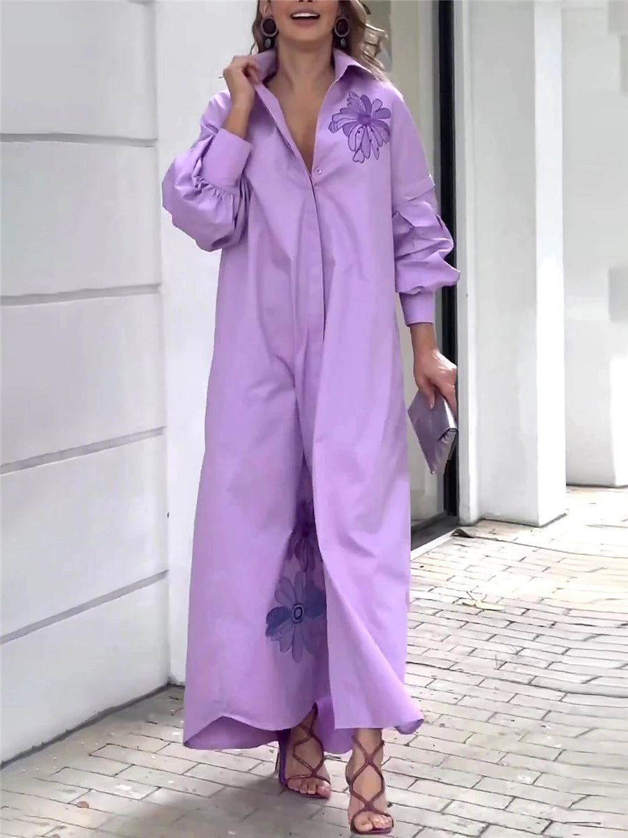 Women's Shirt Dress Casual Dress Shift Dress Maxi long Dress Outdoor Office Daily Cotton Fashion Modern Shirt Collar Button Pocket 3/4 Length Sleeve Summer Spring Fall 2023 Loose Fit Purple Floral S