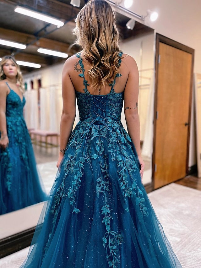 Ball Gown A-Line Prom Dresses Sparkle & Shine Dress Formal Floor Length Sleeveless V Neck Tulle Backless with Glitter Appliques 2023 - LuckyFash™