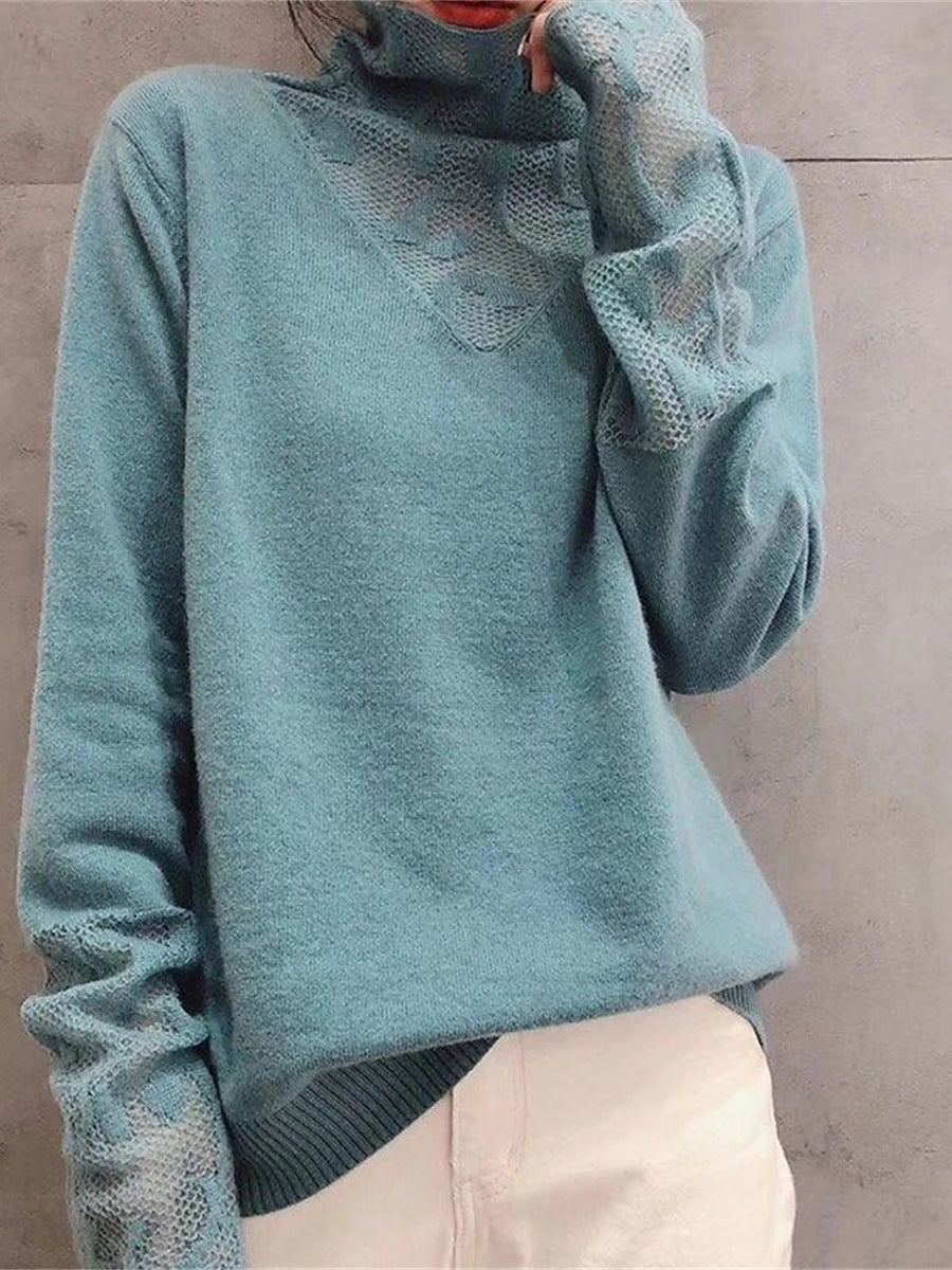 Women's Pullover Sweater Jumper Turtleneck Ribbed Knit Wool Patchwork Lace Trims Fall Winter Regular Outdoor Daily Going out Stylish Casual Soft Long Sleeve Solid Color Black White Blue S M L