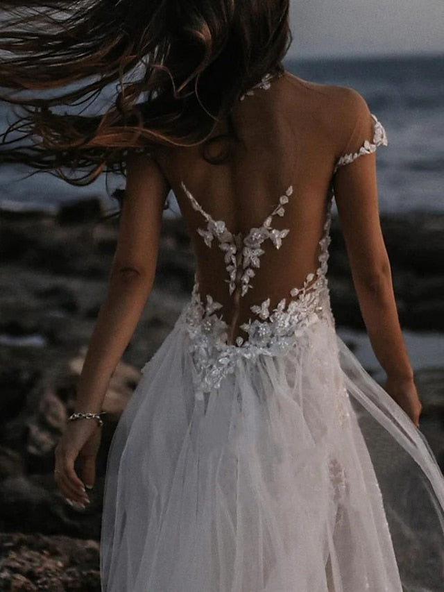 Beach Open Back Boho Wedding Dresses A-Line Off Shoulder Cap Sleeve Court Train Lace Bridal Gowns With Appliques Solid Color 2023 Summer Wedding Party, Women's Clothing - LuckyFash™