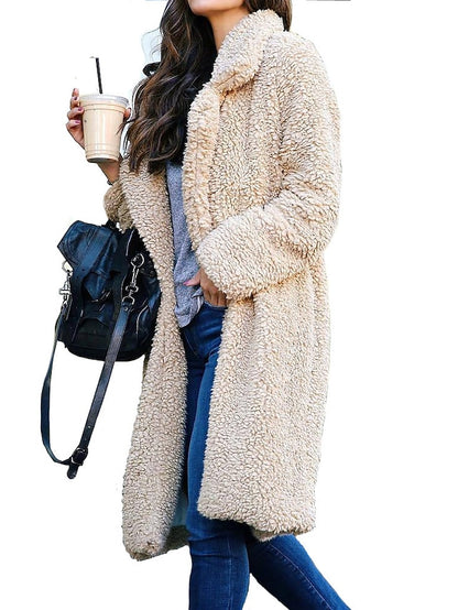 Women's Sherpa jacket Fleece Jacket Teddy Coat Street Daily Going out Winter Fall Long Coat Regular Fit Warm Casual Jacket Long Sleeve Solid Color caramel Shallow Apricot Deep camel / V Neck - LuckyFash™