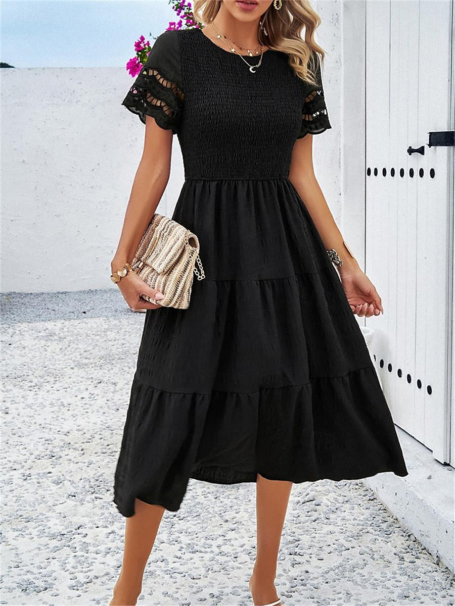 Women's White Dress Lace Dress Casual Dress Midi Dress Mesh Patchwork Date Vacation Streetwear Basic Crew Neck Short Sleeve Black White Brown Color