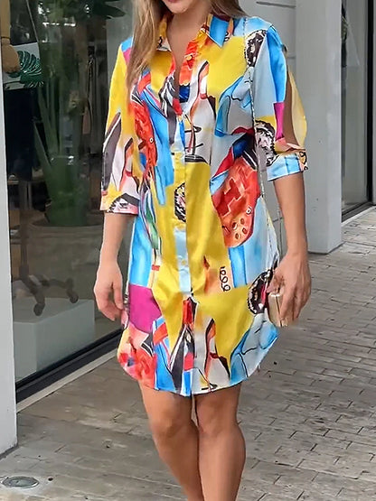 Women's Shirt Dress Satin Dress Shift Dress Color Block Abstract Print Shirt Collar Mini Dress Daily Vacation Half Sleeve Fall Winter