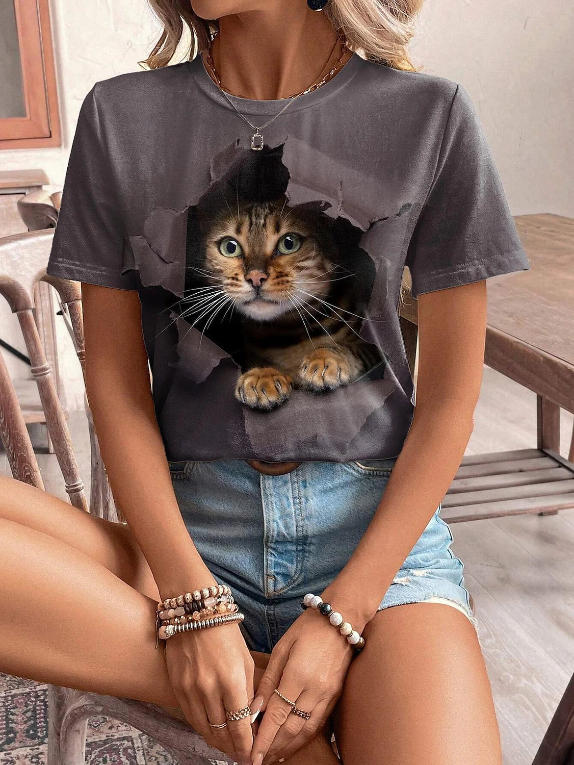 Women's T shirt Tee Animal Daily Weekend Print Brown Short Sleeve Fashion Round Neck 3D cat Summer