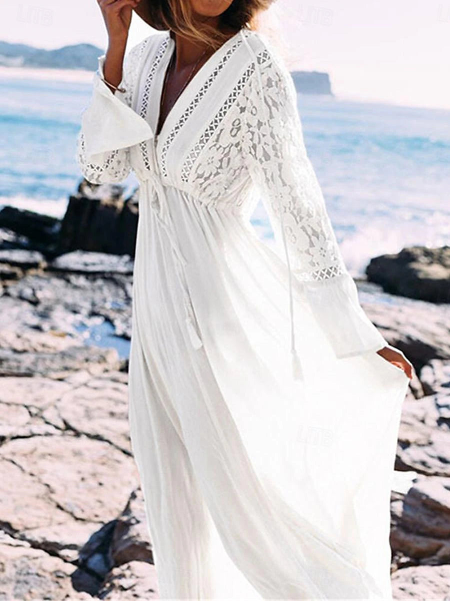 Women's White Dress Casual Dress Swing Dress Long Dress Maxi Dress Lace Patchwork Vacation Beach Streetwear Maxi V Neck 3/4 Length Sleeve Black White Color