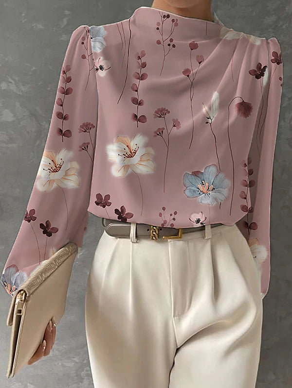 Women's Shirt Blouse Floral Work Print White Long Sleeve Fashion Round Neck Spring &  Fall