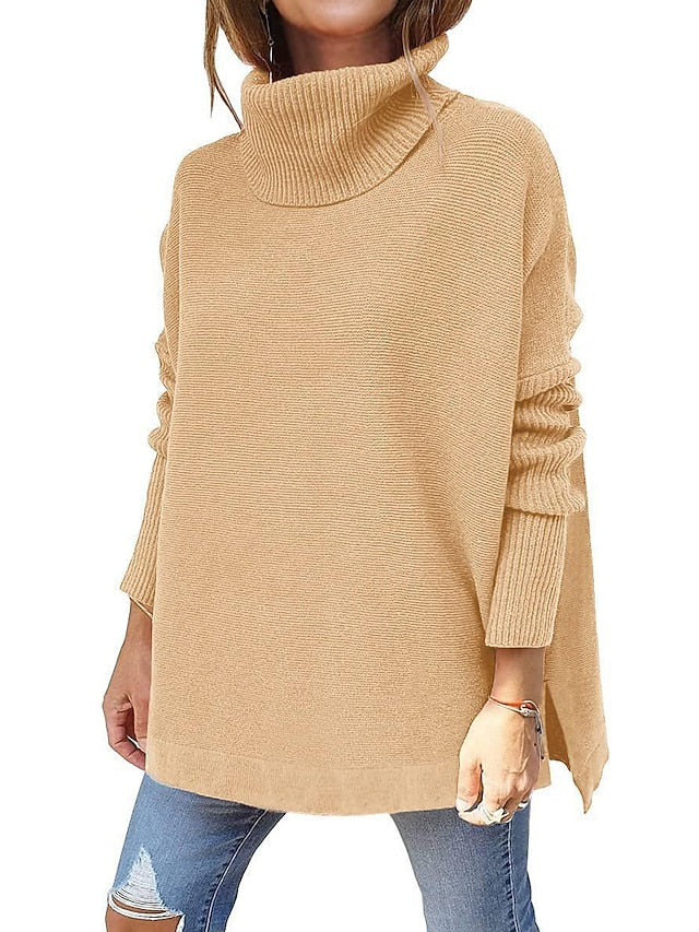 Women's Pullover Sweater Jumper Turtleneck Ribbed Knit Acrylic Patchwork Fall Winter Regular Daily Going out Weekend Stylish Casual Soft Long Sleeve Solid Color claret Olive Green Black S M L