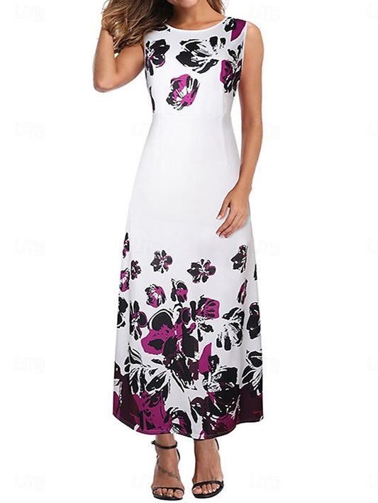 Women's Sundress Floral Print Crew Neck Long Dress Maxi Dress Elegant Stylish Party Daily Sleeveless Summer