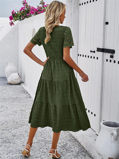 Women's White Dress Lace Dress Casual Dress Midi Dress Patchwork Eyelet Vacation Basic Crew Neck Short Sleeve Black White Brown Color