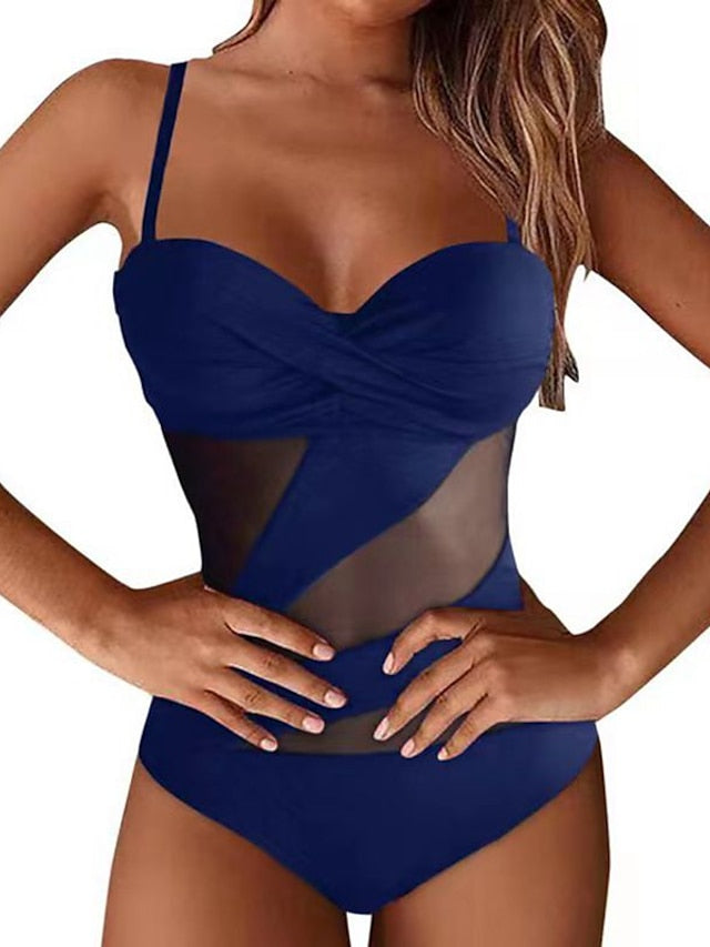 Women's Swimwear One Piece Monokini Bathing Suits Normal Swimsuit Mesh Tummy Control Open Back Pure Color Black Wine Navy Blue Blue Strap Bathing Suits Sexy Vacation Fashion - LuckyFash™