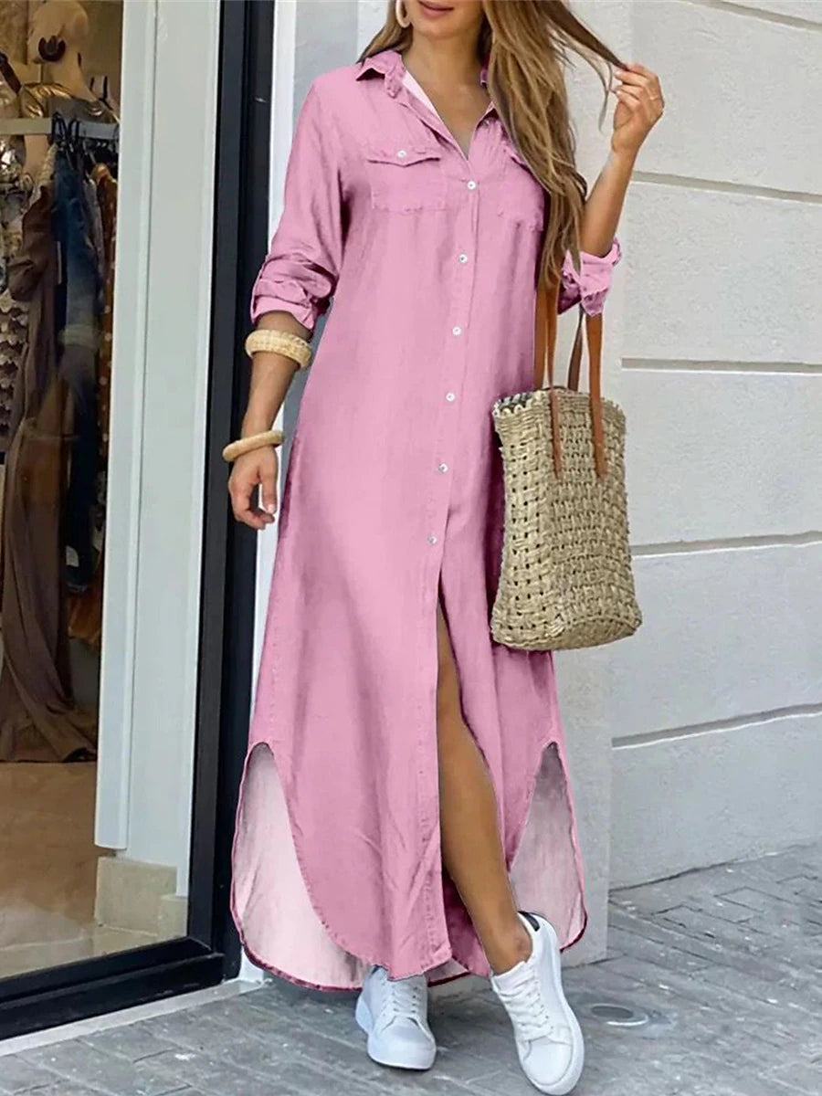 Women's Shirt Dress Casual Dress Maxi long Dress Outdoor Daily Vacation Polyester Fashion Classic Shirt Collar Button Pocket Long Sleeve Spring Fall Winter 2023 Regular Fit Black Pink Wine Plain S M