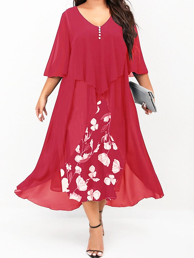 Women‘s Plus Size Curve Work Dress Floral V Neck Ruched 3/4 Length Sleeve Spring Summer Work Elegant Midi Dress  Layered Formal Vacation Dress Wedding Guest Dress