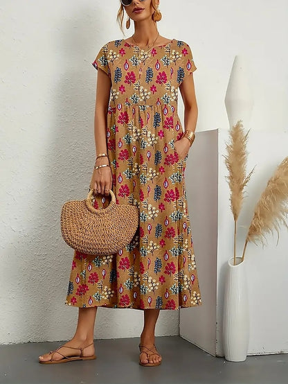 Women's Casual Dress Summer Dress Print Dress Floral Print Crew Neck Long Dress Maxi Dress Fashion Streetwear Outdoor Holiday Short Sleeve Regular Fit Yellow Red Blue Summer Spring S M L XL 2XL - LuckyFash™
