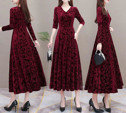 Women's Velvet Dress Homecoming Dress Empire Waist Dresses Long Dress Maxi Dress Black Wine Blue Long Sleeve Pure Color Ruched Spring Fall Winter V Neck Stylish Winter Dress Evening Party Wedding