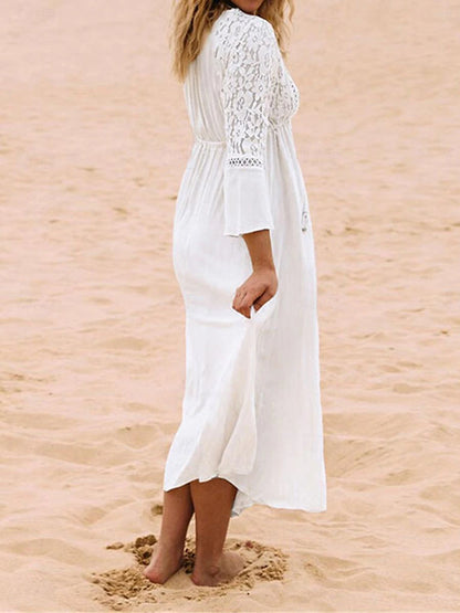 Women's White Dress Casual Dress Swing Dress Long Dress Maxi Dress Lace Patchwork Vacation Beach Streetwear Maxi V Neck 3/4 Length Sleeve Black White Color